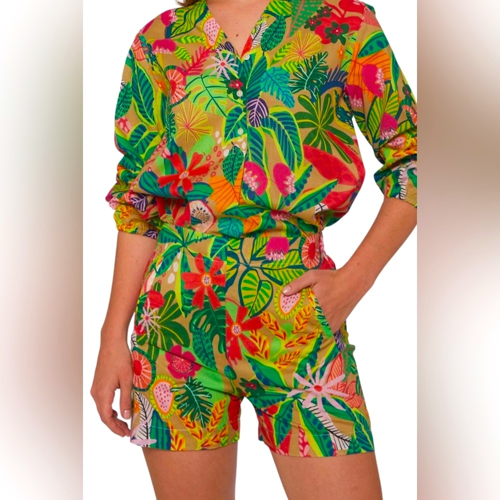 Vilagallo Sandra Vibrant Tropical Print Cotton Shorts